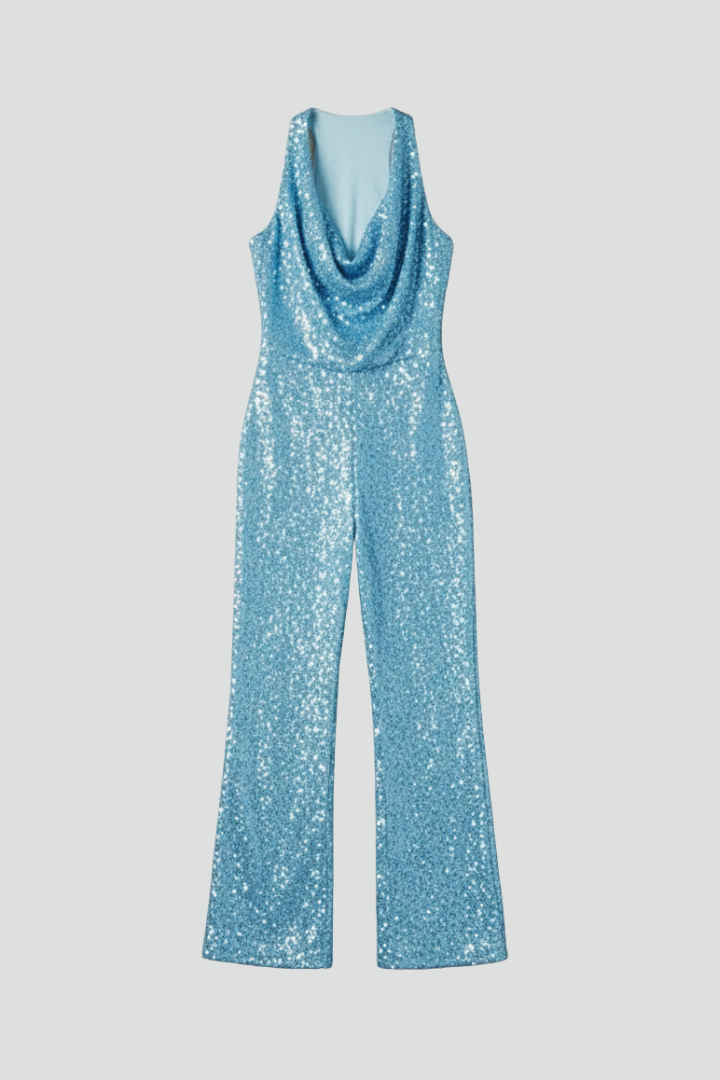 Elegant women's white textured halter neck wide-leg jumpsuit, perfect for summer evening occasionwear