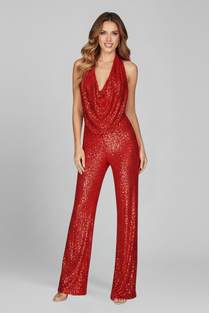 Women's patterned textured halter neck wide-leg jumpsuit, a trendy choice for summer occasionwear