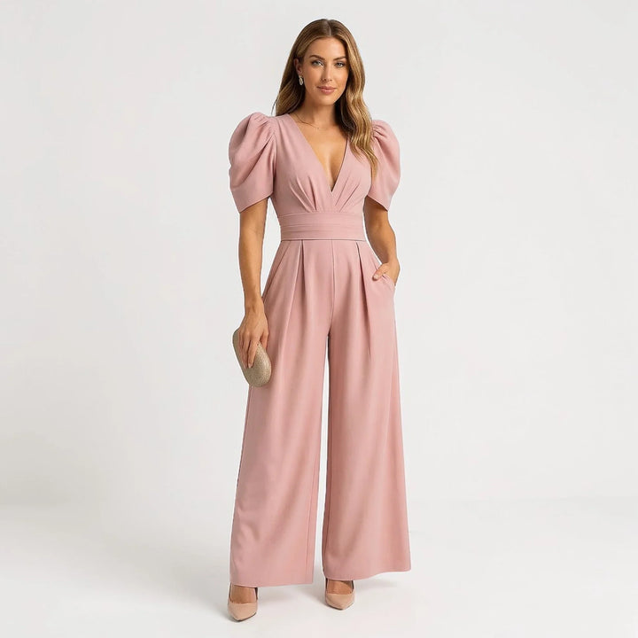 Elegant women's wide leg jumpsuit with chic puff sleeves for formal wear.