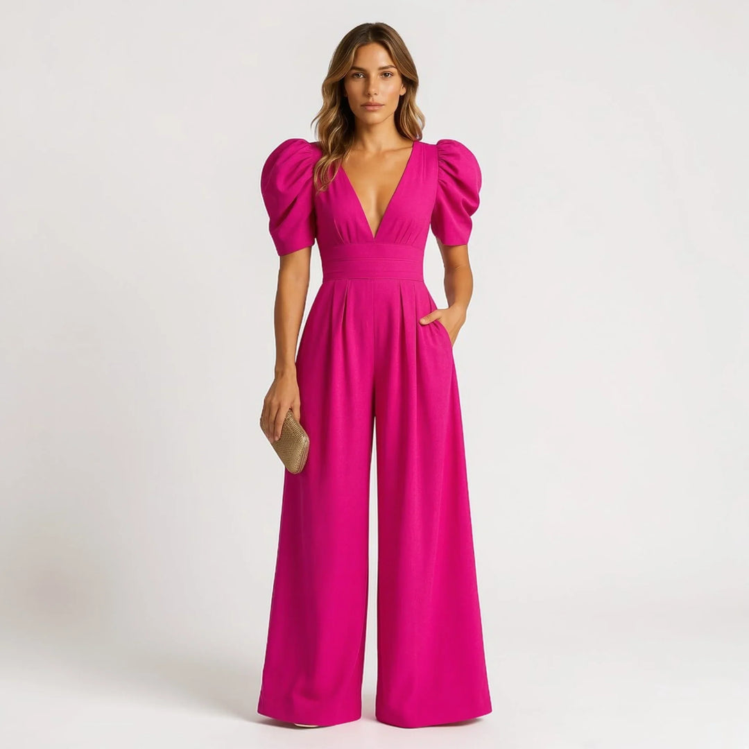 Flattering women's wide leg formal jumpsuit with stylish puff sleeves, versatile occasion wear.