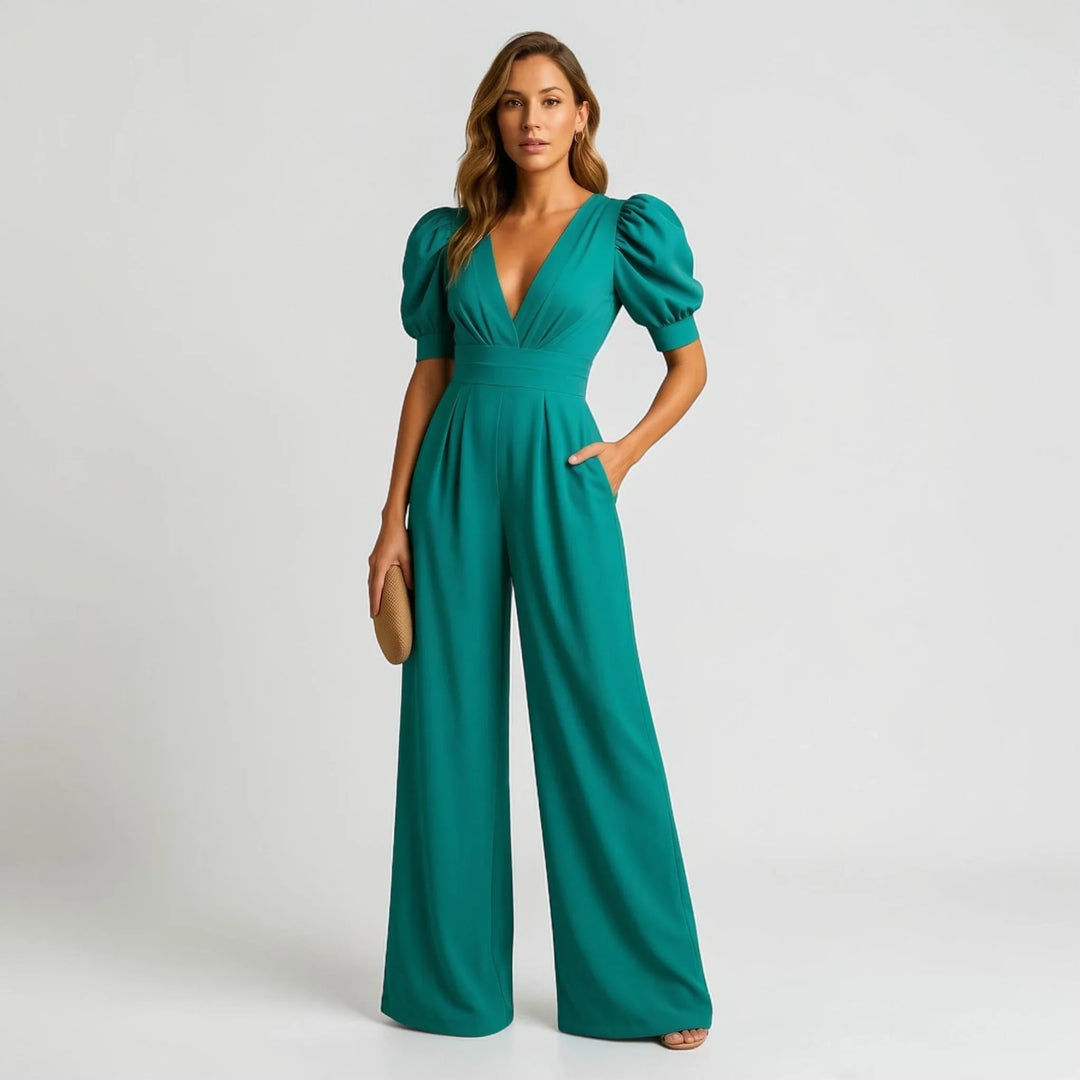 Chic black wide leg jumpsuit with elegant puff sleeves, ideal women's party or evening wear.