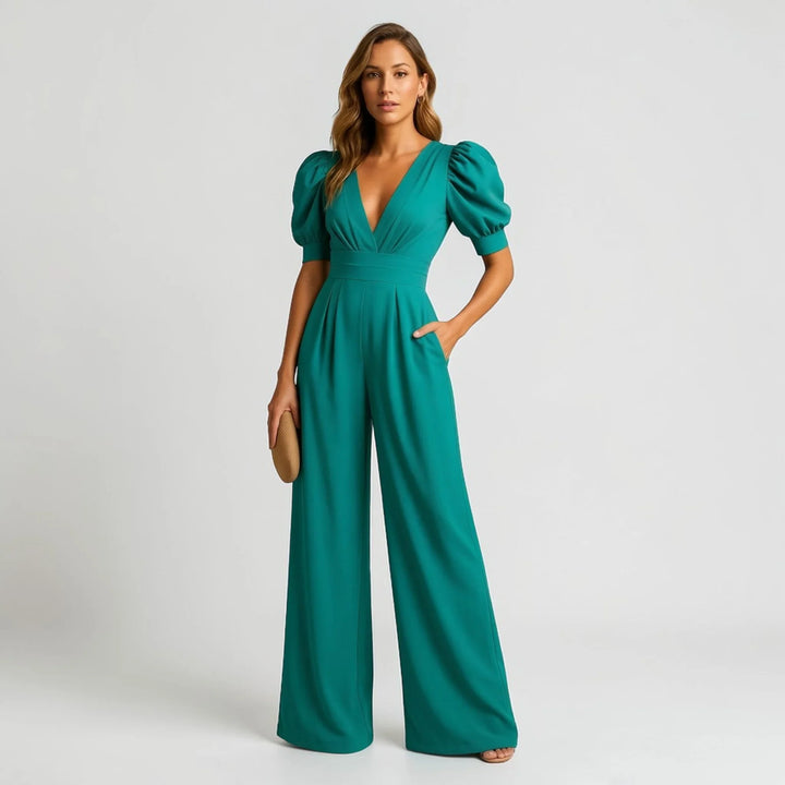 Chic black wide leg jumpsuit with elegant puff sleeves, ideal women's party or evening wear.