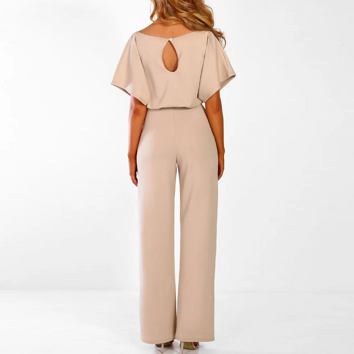 Versatile women's jumpsuit with wide legs & flutter sleeves. Elegant design suitable for formal and party outfits.