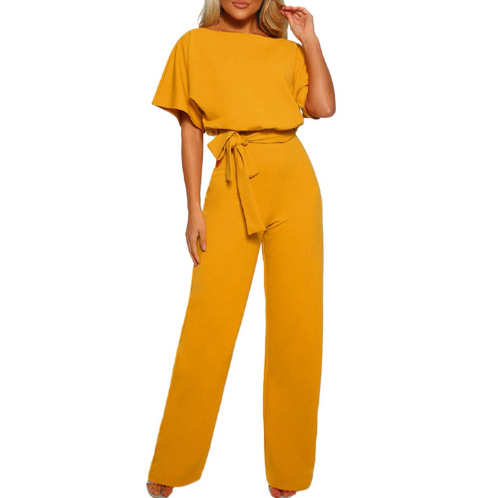 Comfortable & elegant women's wide leg jumpsuit with stylish flutter sleeves for a chic formal or party look.