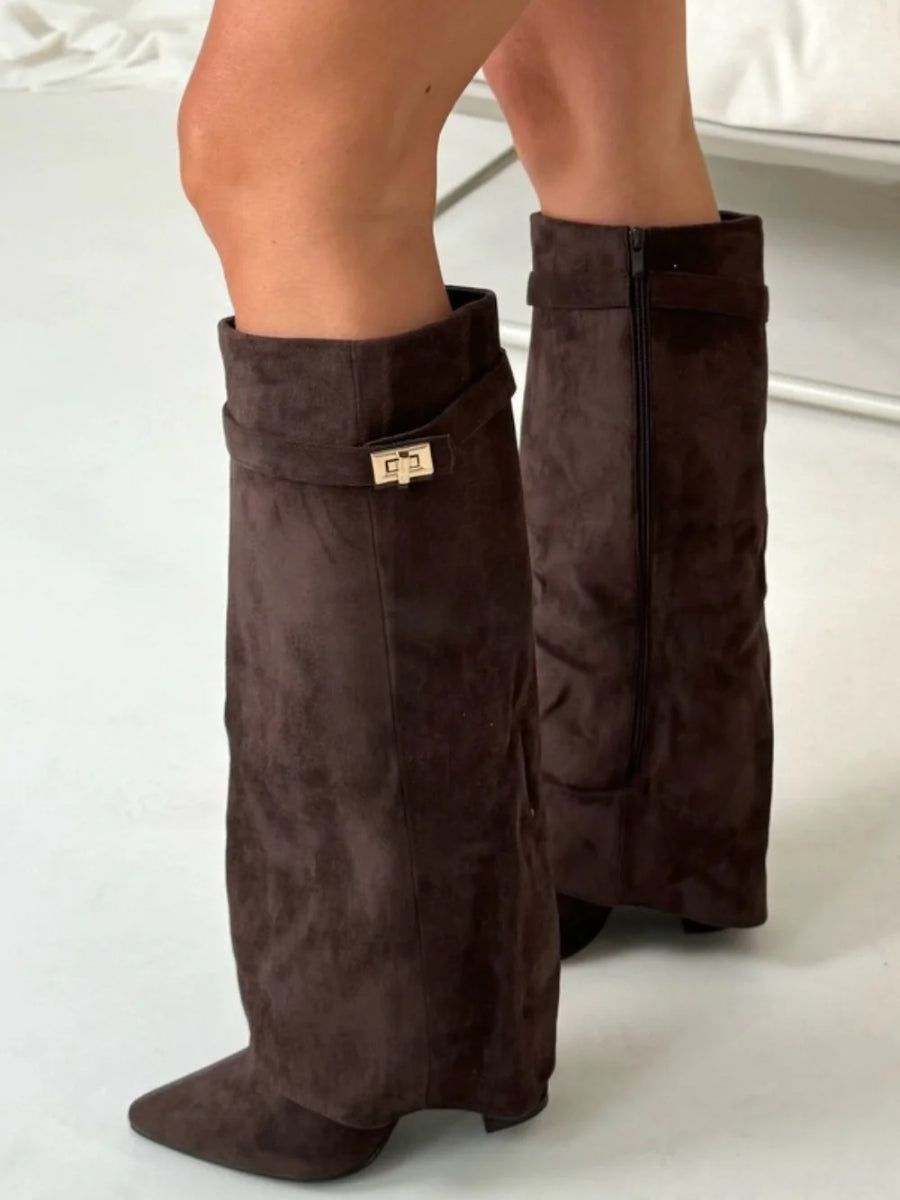Trendy women's wide leg leather boots with an eye-catching folded design and a comfortable heel.