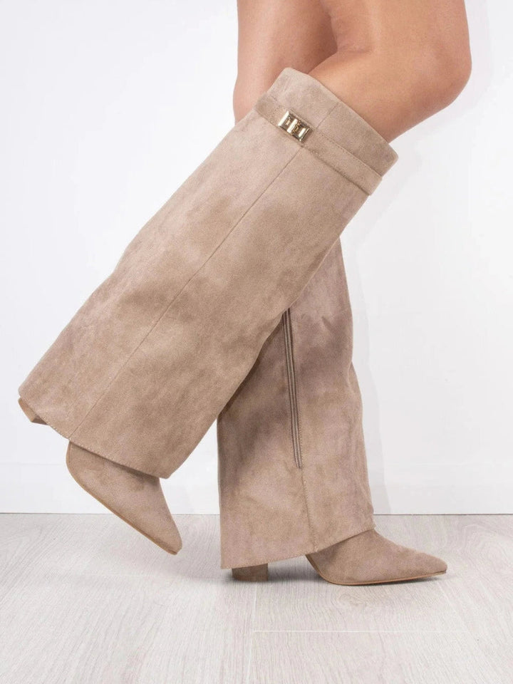 Fashionable women's wide leg leather boots, featuring a unique folded design and sturdy heel.