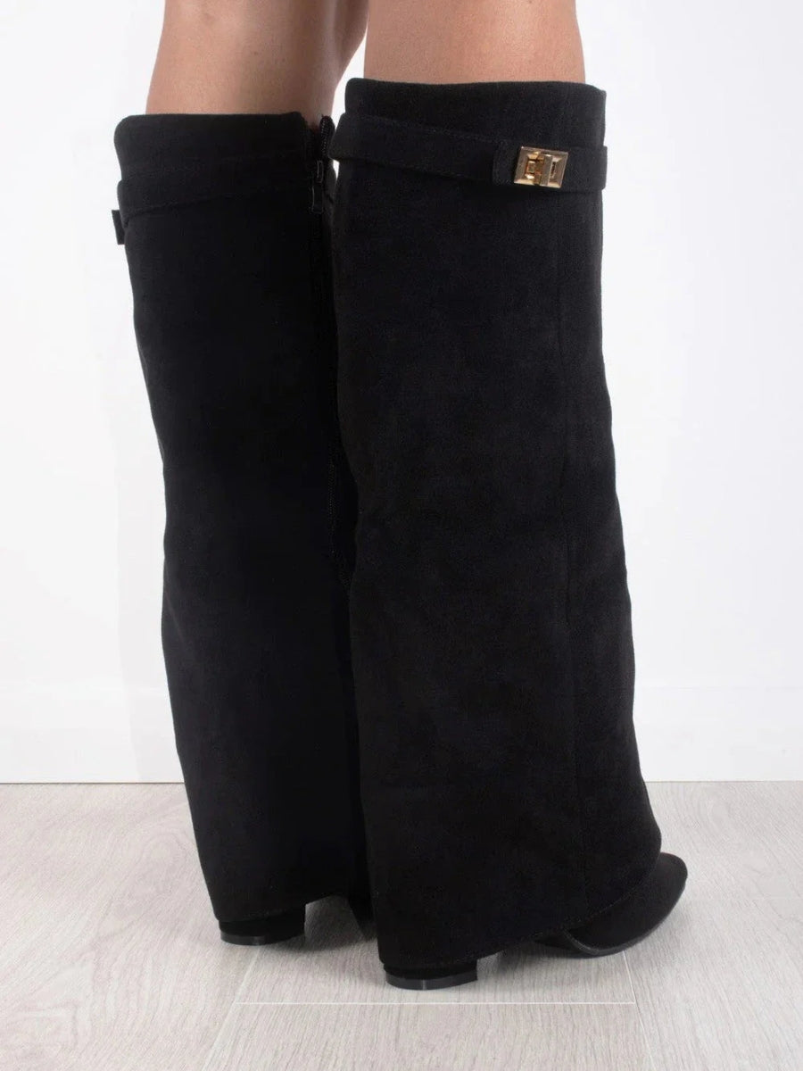 Versatile women's wide leg leather boots with a unique folded detail, suitable for various occasions.