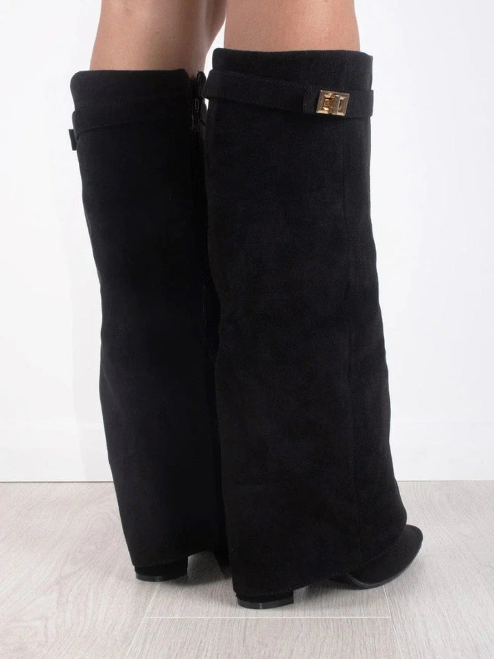 Versatile women's wide leg leather boots with a unique folded detail, suitable for various occasions.
