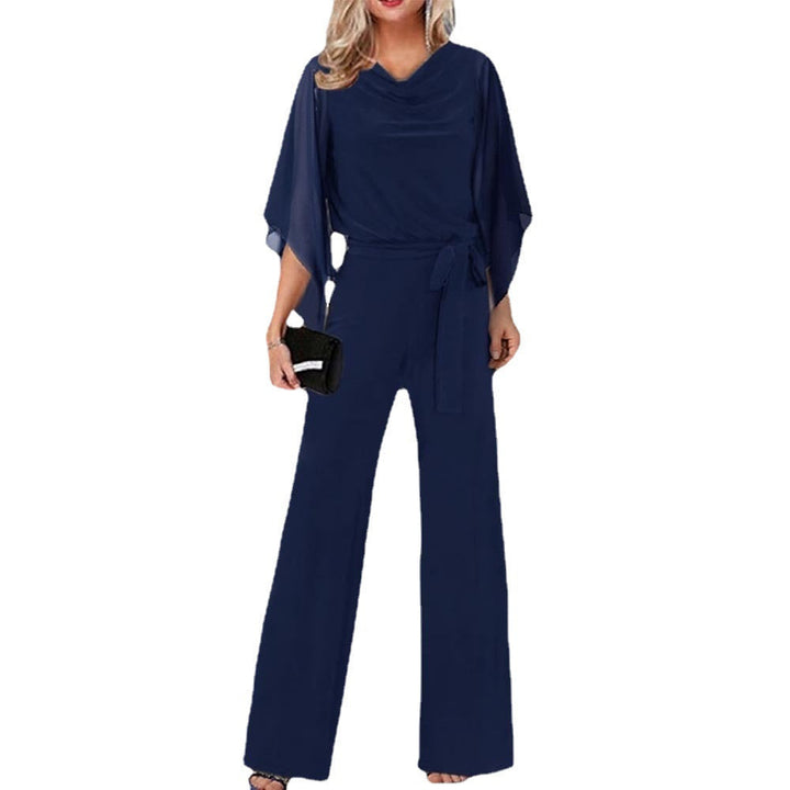 Sophisticated women's elegant wide leg jumpsuit with draped sleeves, suitable for formal occasions & parties.