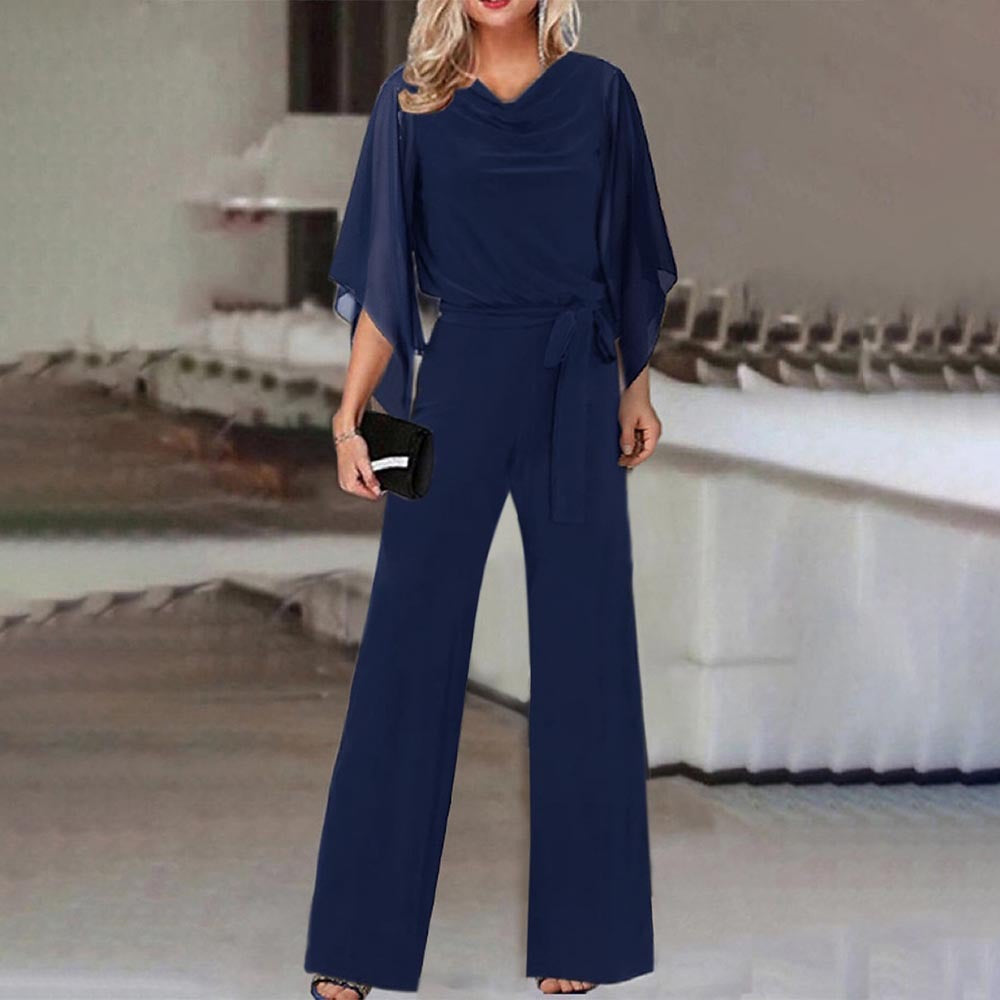 Elegant party jumpsuit for women, featuring a wide neckline, draped sleeves, and a flattering wide leg design.
