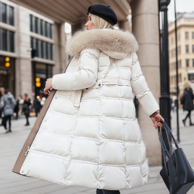 Fashion-forward women's winter coat, warm, elegant, featuring a practical removable hood.