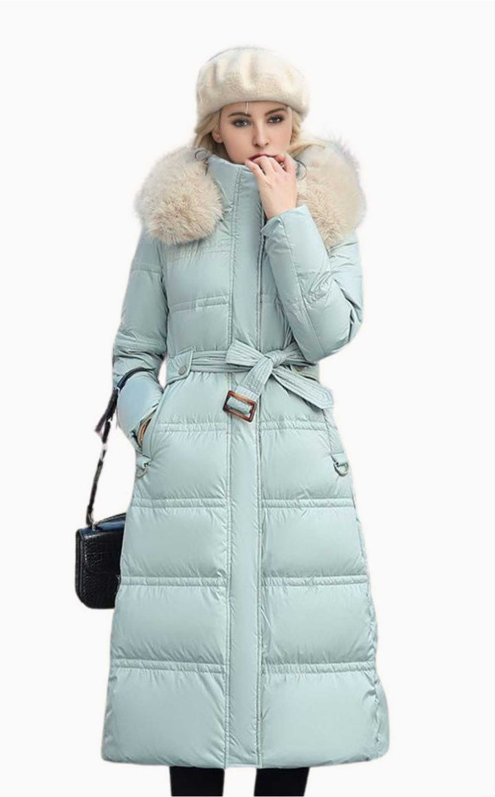 Women's winter outerwear, elegant design, featuring a practical removable hood.