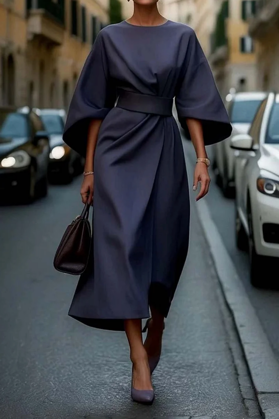 Comfortable long sleeve midi dress for women, featuring chic lantern sleeves and a flattering silhouette.