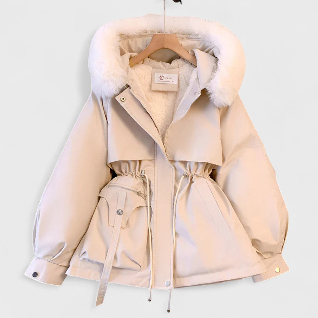 Elegant women's winter parka jacket featuring a luxurious faux fur hood, perfect for cold weather warmth and style.