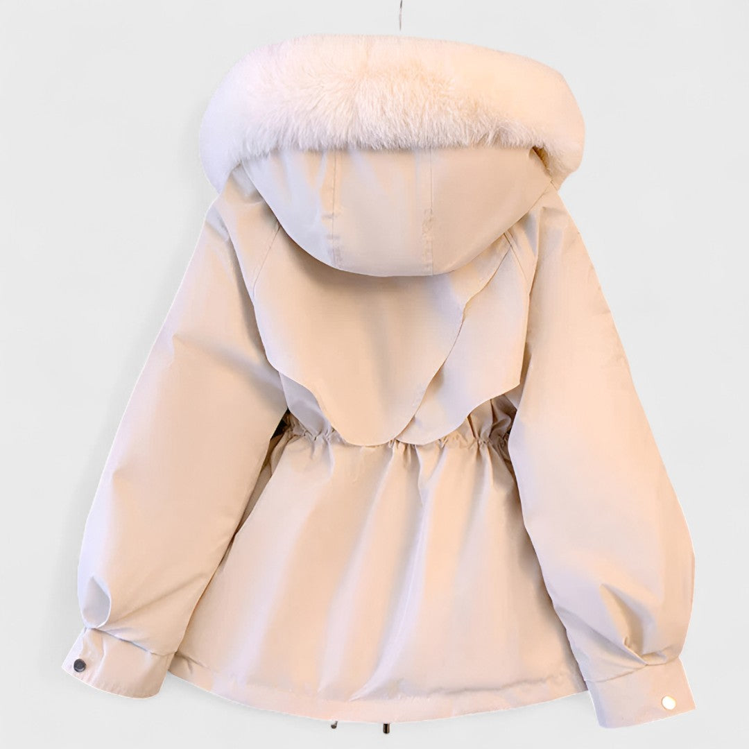 Warm insulated women's parka jacket with a stylish faux fur-trimmed hood, ideal for elegant cold weather outerwear.