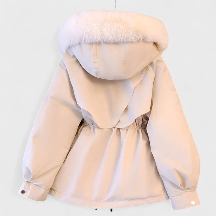 Warm insulated women's parka jacket with a stylish faux fur-trimmed hood, ideal for elegant cold weather outerwear.