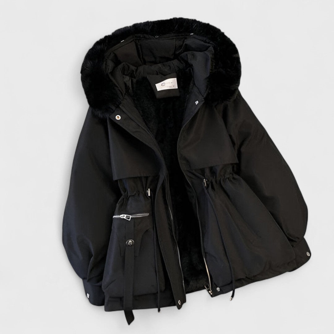 Attractive ladies' winter coat, a parka jacket with a cozy faux fur hood, designed for ultimate warmth and comfort.