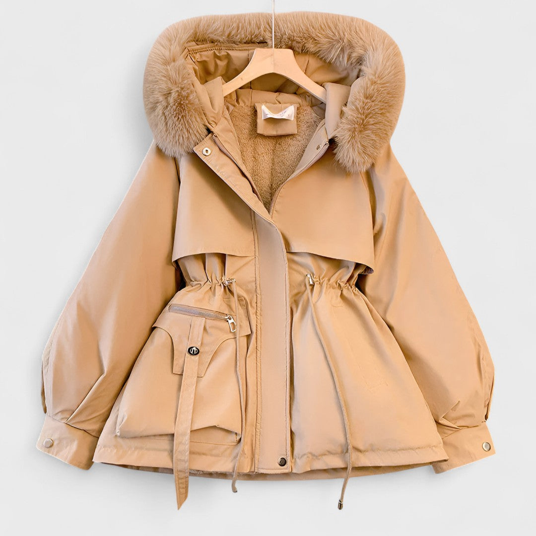 Women's elegant parka jacket, a perfect winter coat with a plush faux fur hood for superior cold weather protection.