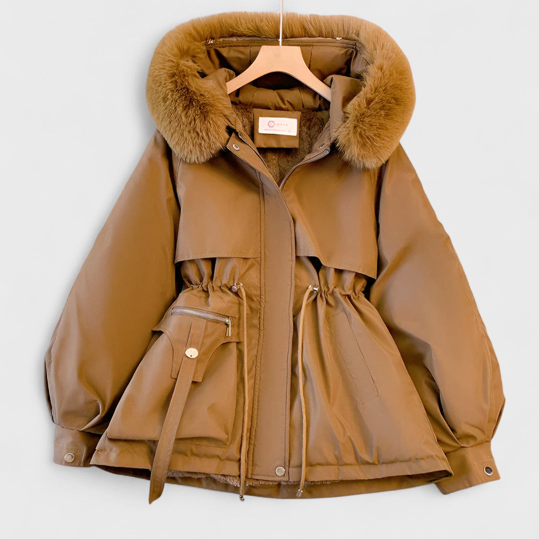 Stylish women's outerwear: a warm, insulated parka jacket with a chic faux fur hood, essential for winter fashion.