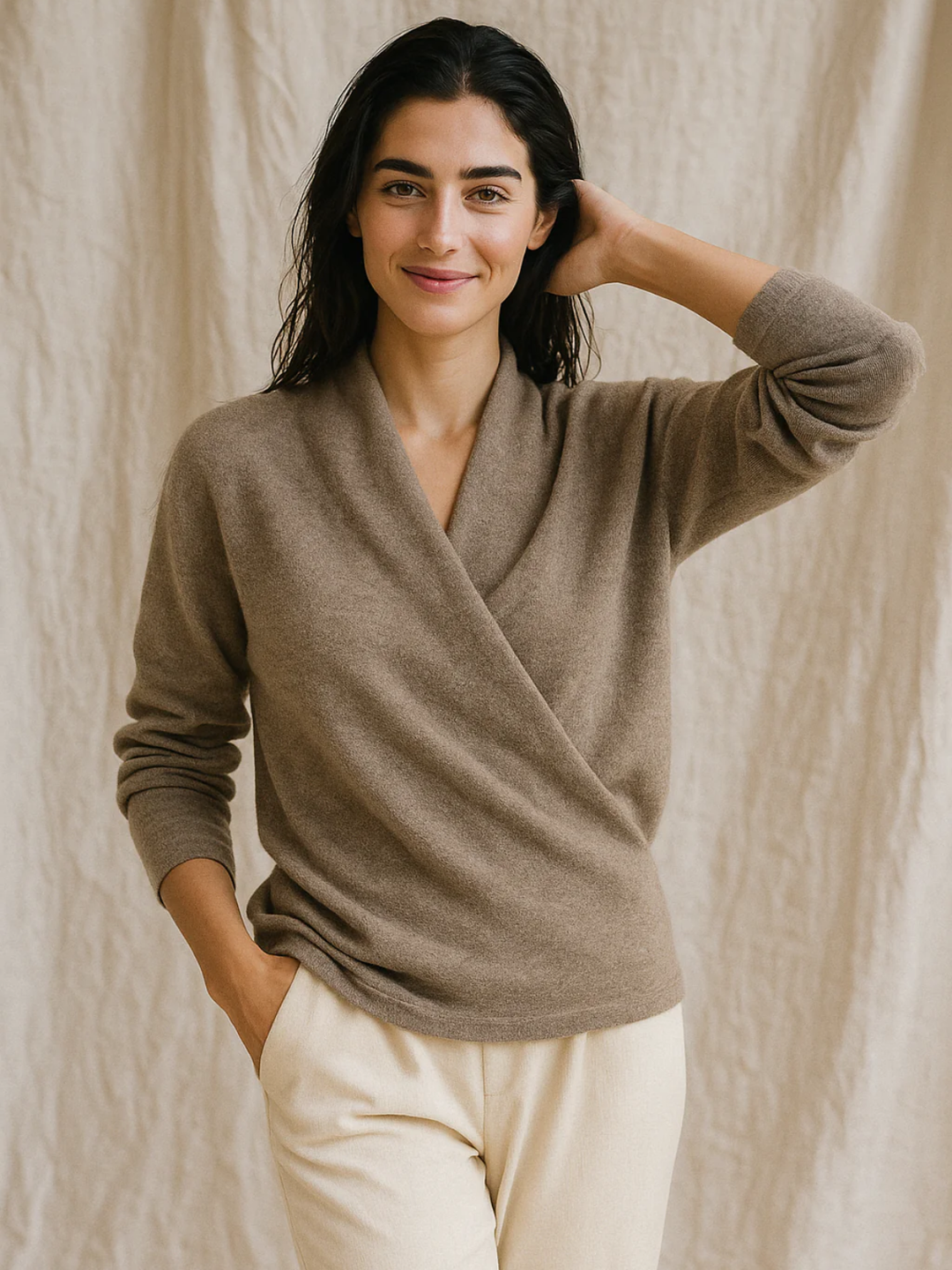 Elegant women's winter wrap V-neck knit sweater in soft cream, perfect for cozy fashion.