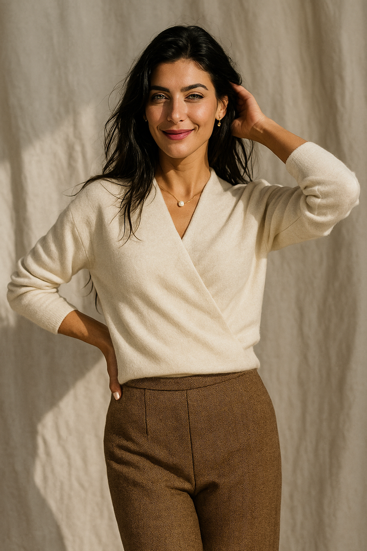 Soft knit fabric detail of a women's V-neck wrap sweater, essential for winter fashion.