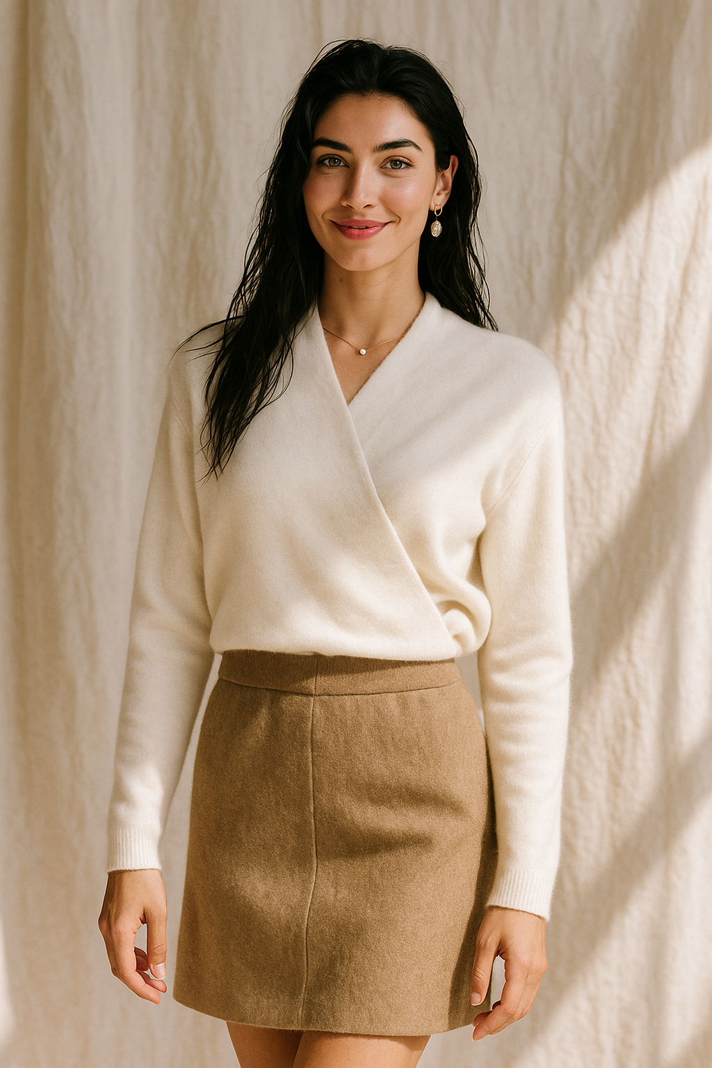Fashion shot of a woman in a trendy winter wrap V-neck knit sweater, effortless style.