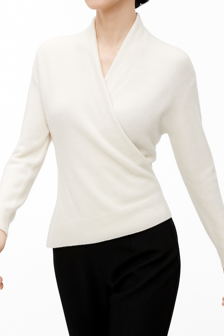 Elegant gray women's winter wrap V-neck knit sweater, long sleeve and comfortable fit.