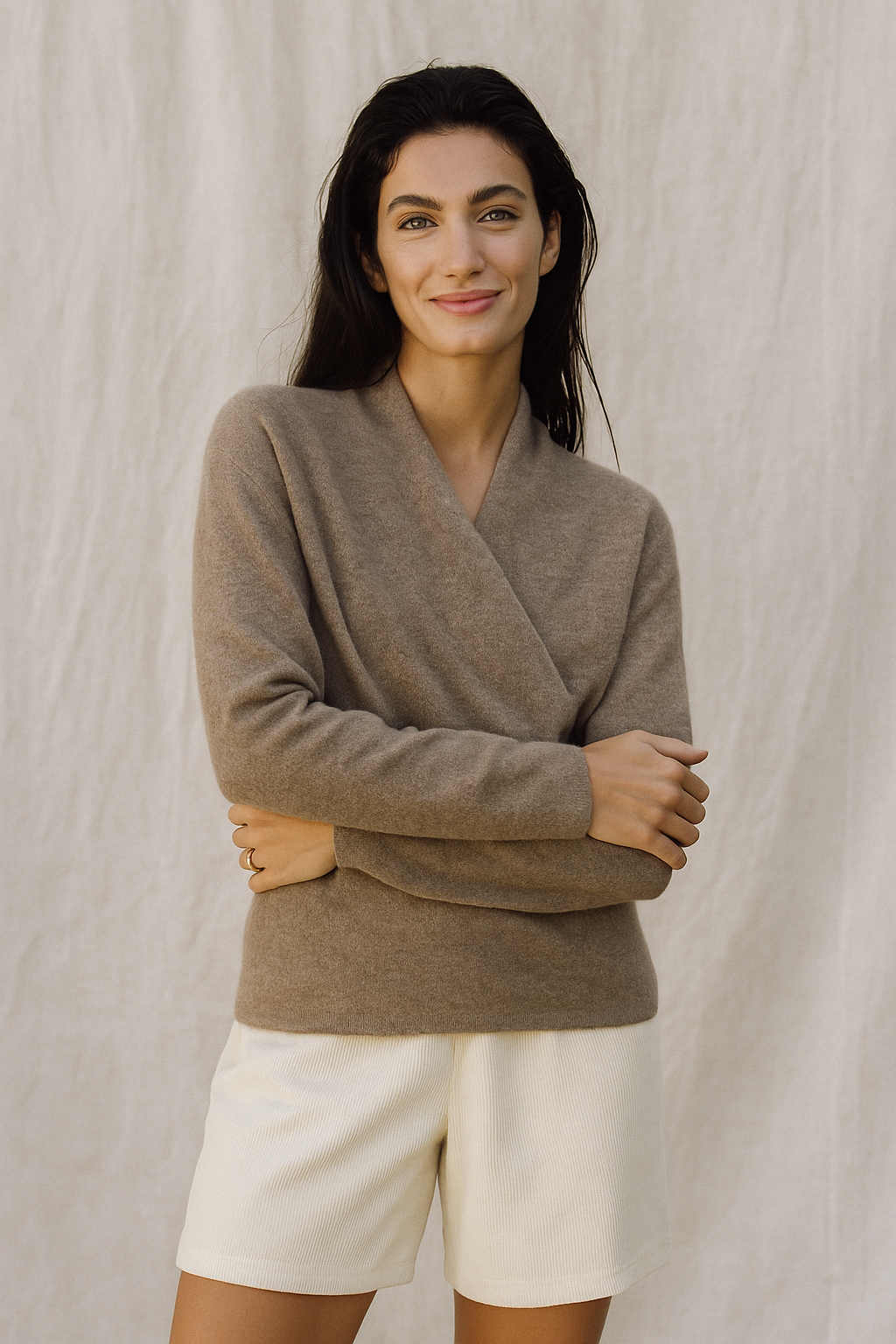Casual long sleeve V-neck knit sweater for women, a stylish winter wrap top in gray.