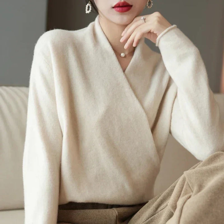 Stylish casual women's V-neck knit sweater, long sleeve wrap top for winter comfort.