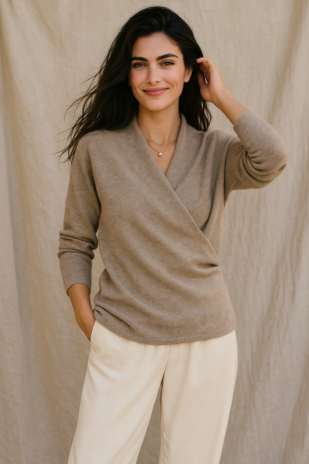 Model wearing a cozy women's wrap V-neck knit sweater, ideal for elegant winter wear.
