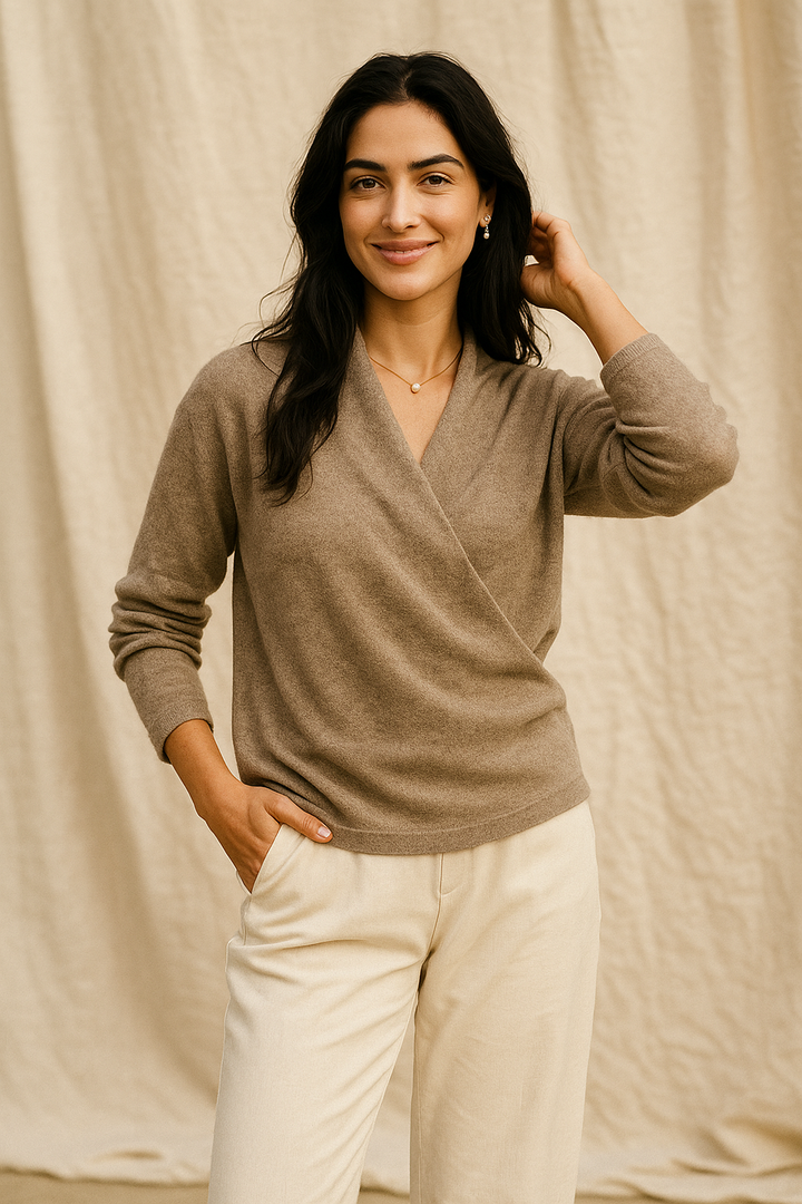 Fashionable women's winter V-neck knit sweater with a flattering wrap design, soft texture.