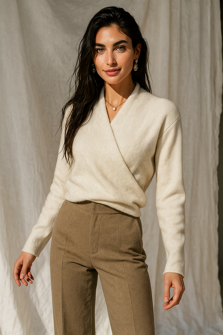Stylish women's knit sweater, V-neck wrap design, perfect for casual winter layering.
