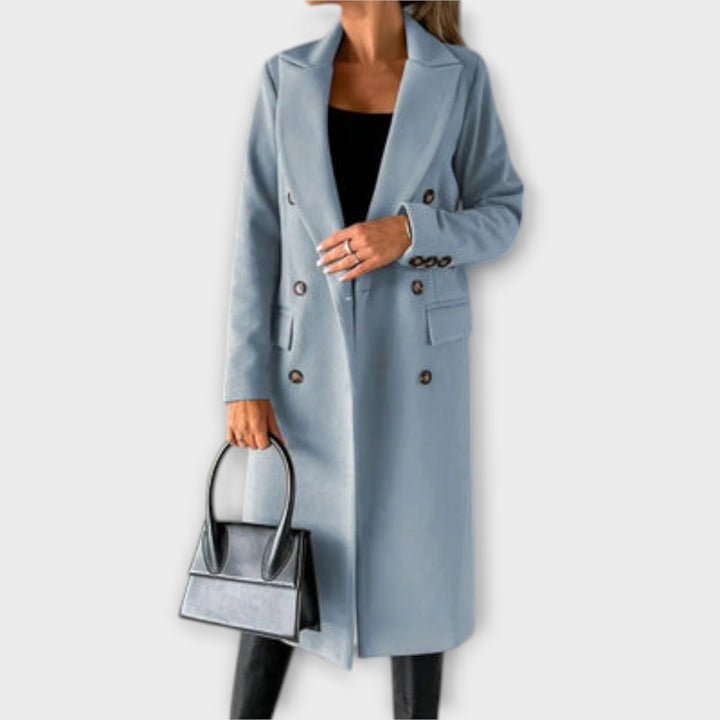 Elegant women's wool blend winter coat, tailored long-line for cold weather fashion.