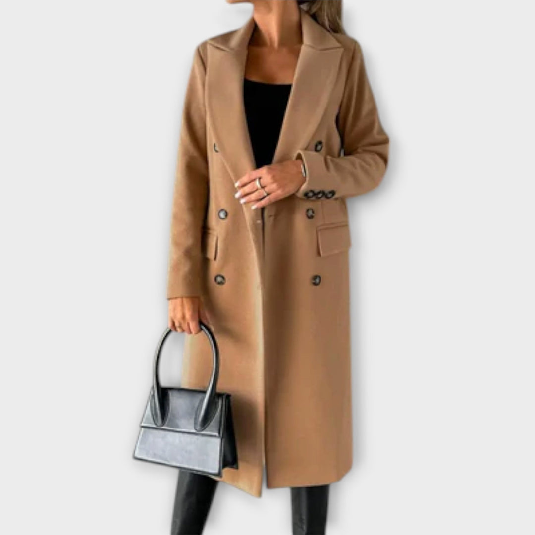Fashionable women's long wool blend coat in a rich color, perfect elegant winter outerwear.