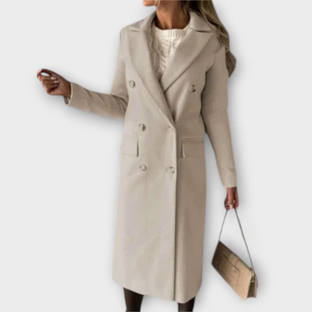 Dark-colored women's wool blend winter coat, a luxurious and tailored piece for cold weather.