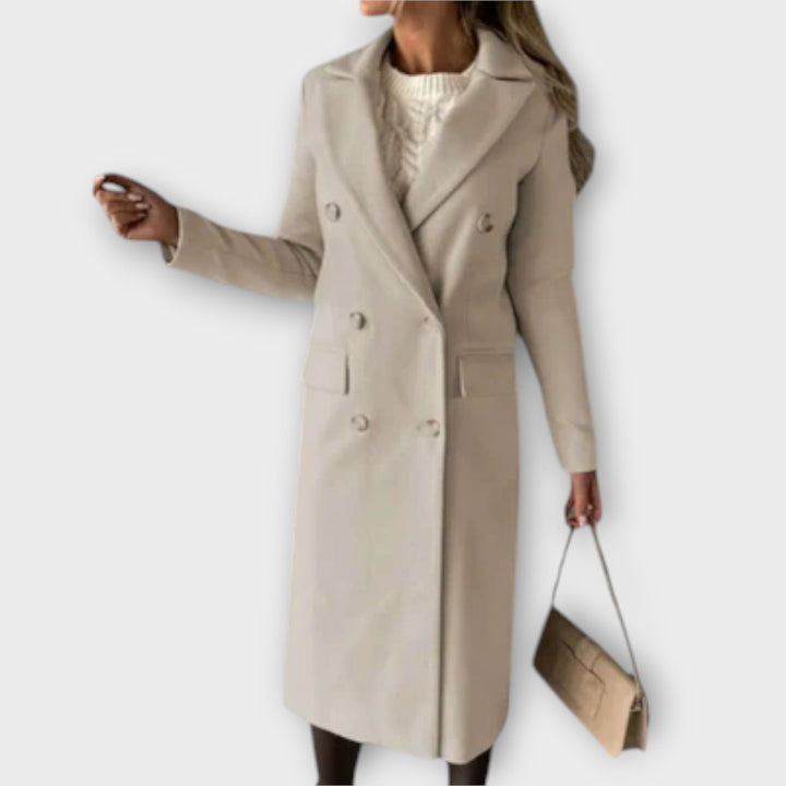 Dark-colored women's wool blend winter coat, a luxurious and tailored piece for cold weather.