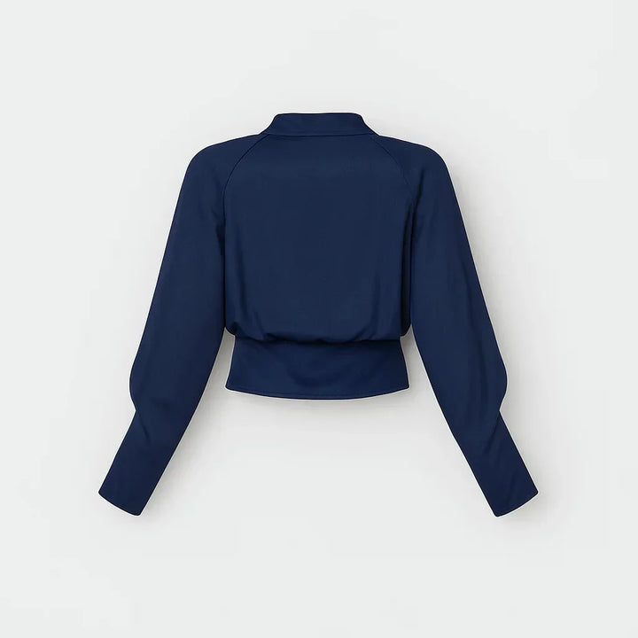 Modern women's wrap top. Elegant blouse design for versatile office and casual fashion.
