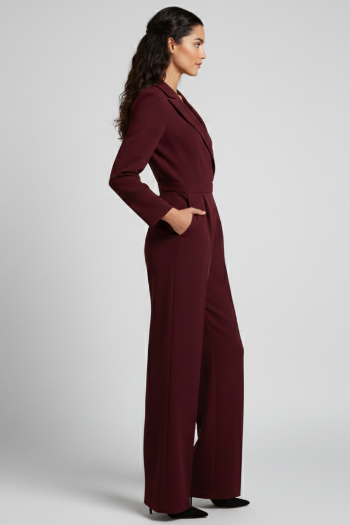 Formal women's wrap-front jumpsuit, tailored wide-leg style in a rich fabric