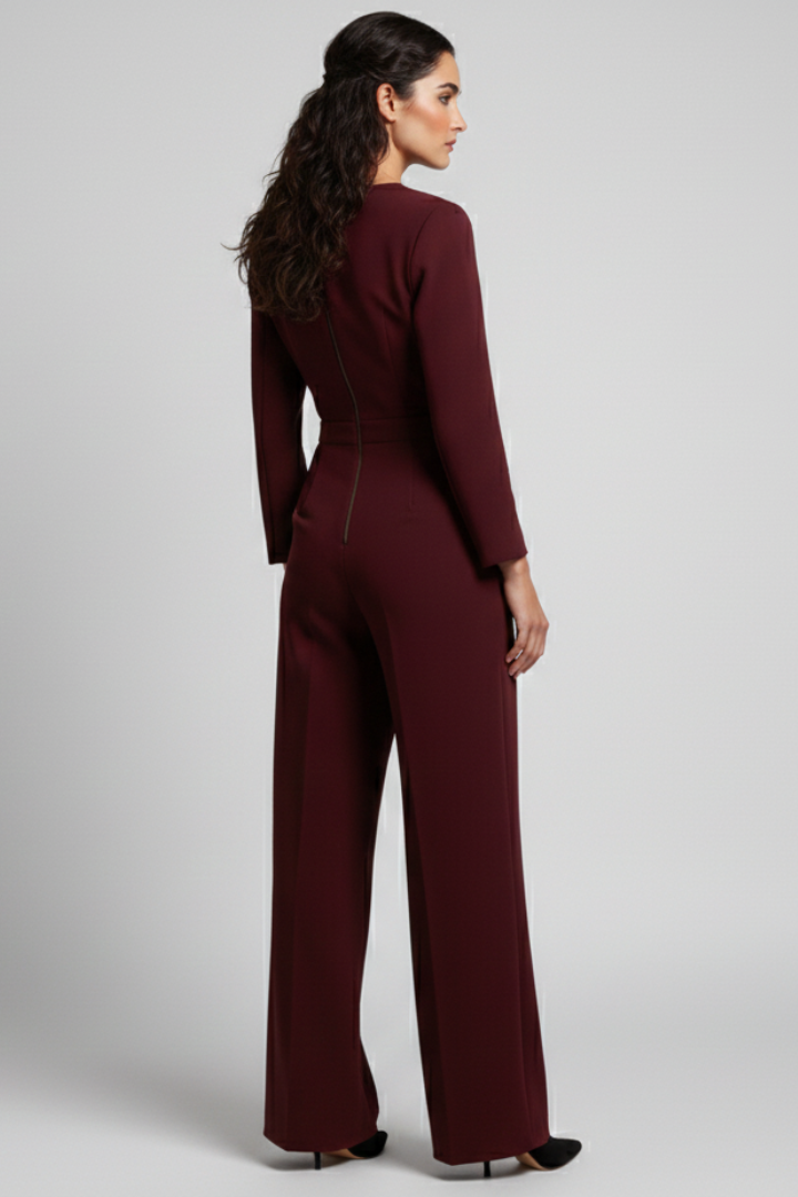 Sophisticated wide-leg jumpsuit with wrap-front detail, an elegant choice for women's fashion