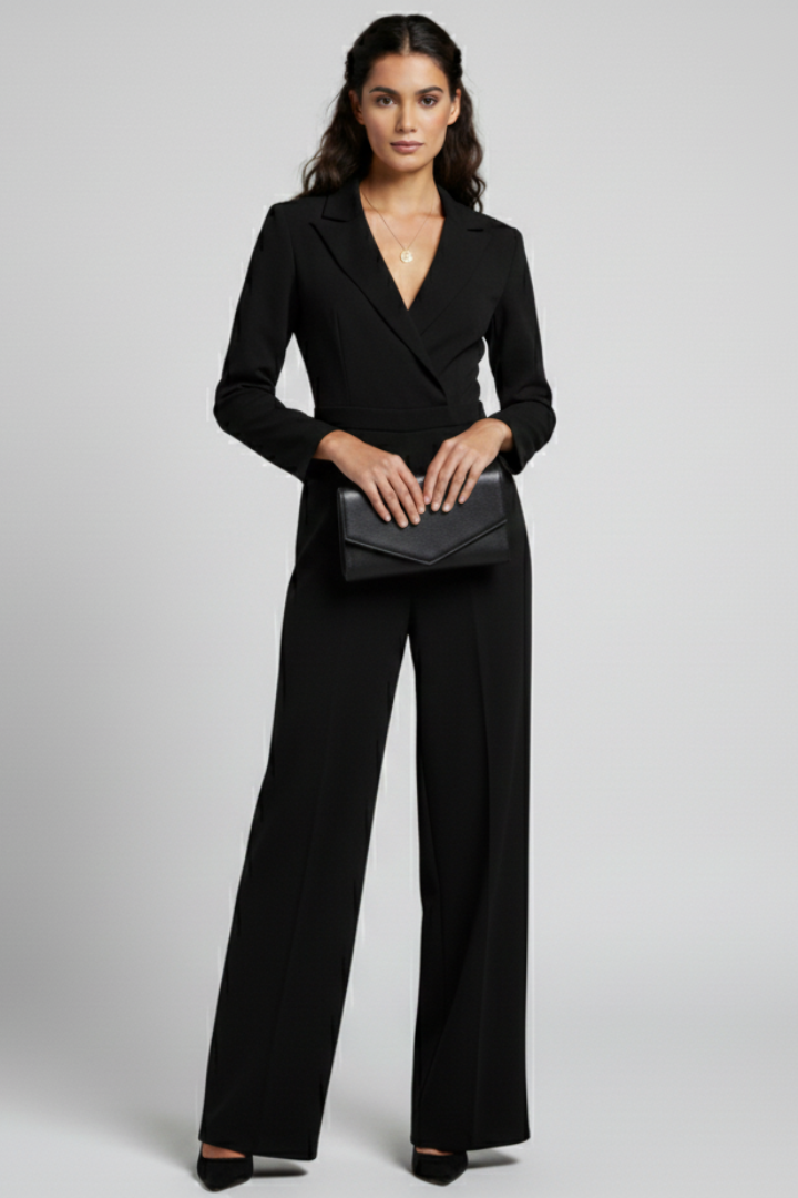 Elegant women's jumpsuit with tailored wide-leg and wrap-front, a modern take on formal attire