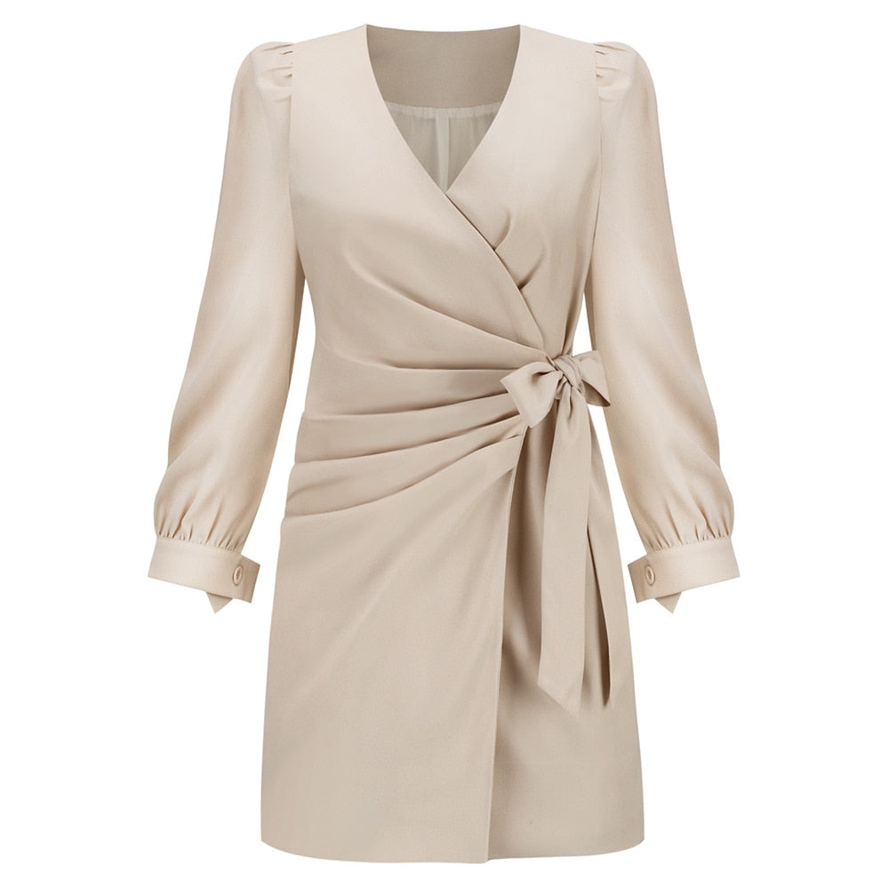 Chic long sleeve wrap mini dress for women. Versatile V-neck design, ideal for evening parties or casual wear.