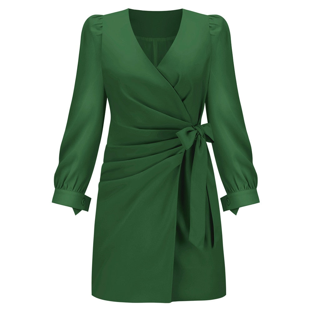 Flattering women's elegant wrap mini dress. Long sleeves, V-neck, and tie waist. Great for summer or fall fashion.
