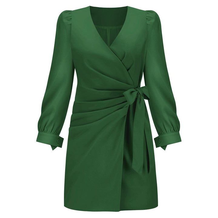 Flattering women's elegant wrap mini dress. Long sleeves, V-neck, and tie waist. Great for summer or fall fashion.