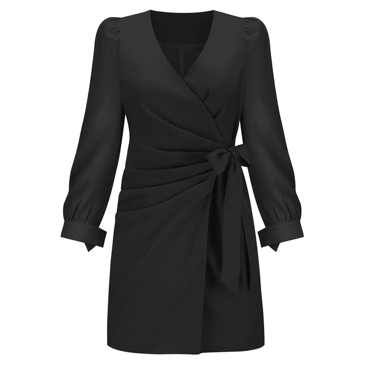 Stylish women's long sleeve wrap mini dress with V-neckline and waist tie. An elegant choice for parties and evenings.