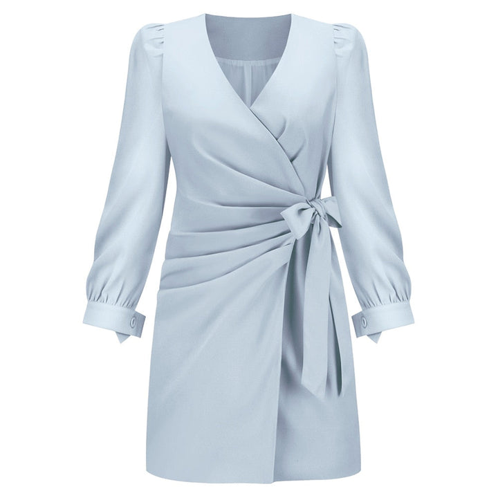 Comfortable & elegant women's wrap mini dress. Features long sleeves, a chic V-neck, and a flattering waist tie.
