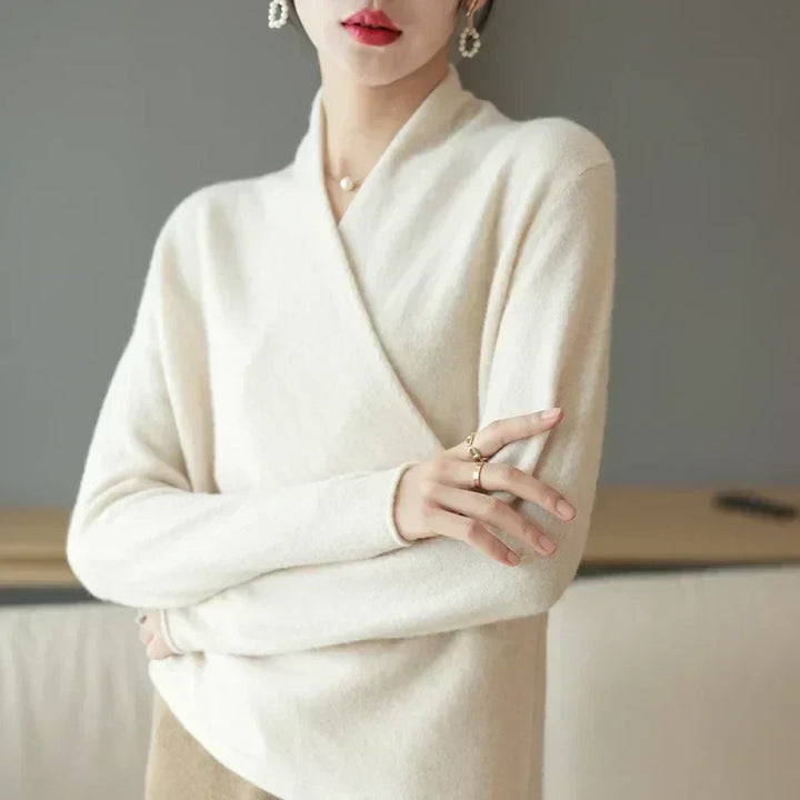 Close-up of a versatile women's wrap neck knit top, showing knit texture. Ideal for casual summer wear.