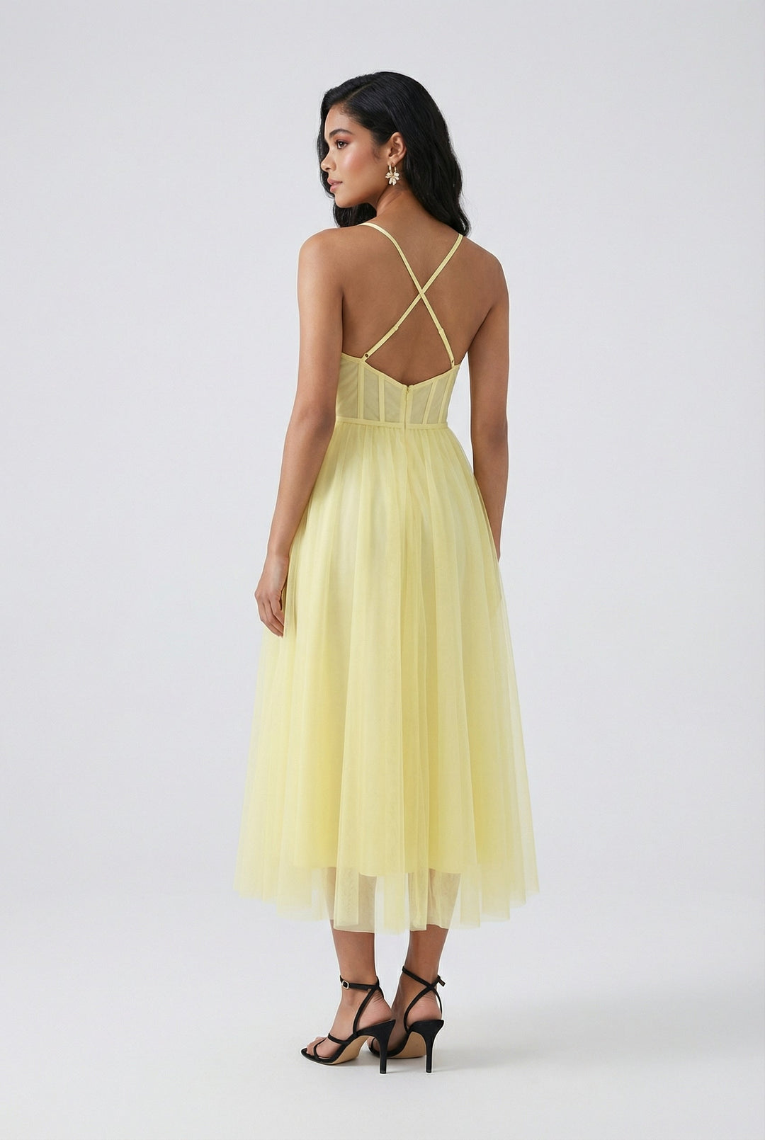 Vibrant yellow midi dress for women featuring an elegant strapless corset design, suitable for summer events.