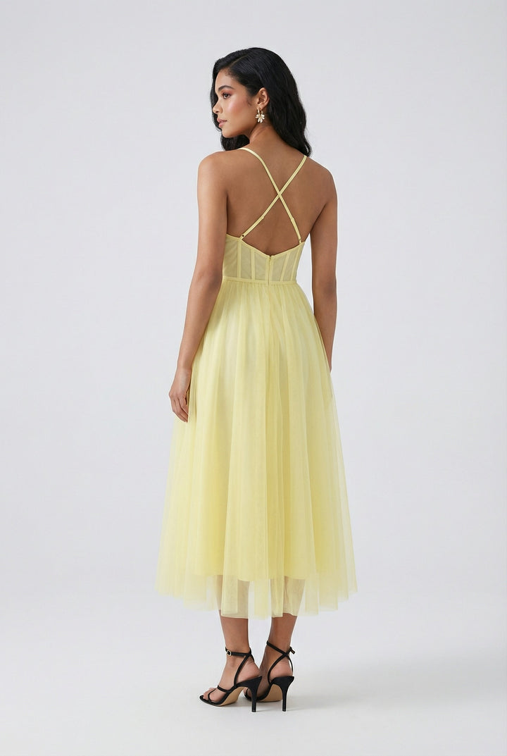 Vibrant yellow midi dress for women featuring an elegant strapless corset design, suitable for summer events.