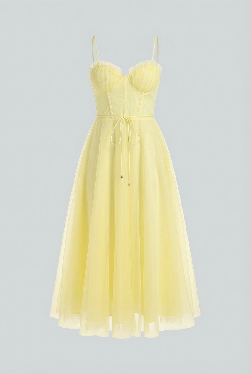 Chic women's yellow corset midi dress, A-line silhouette, perfect for summer formal events & party wear.