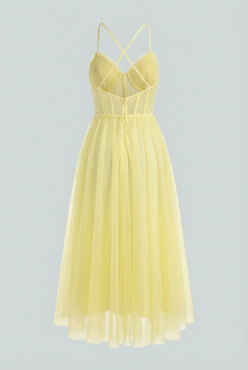 Beautiful yellow summer midi dress for women with an elegant corset top, great for parties & special occasions.